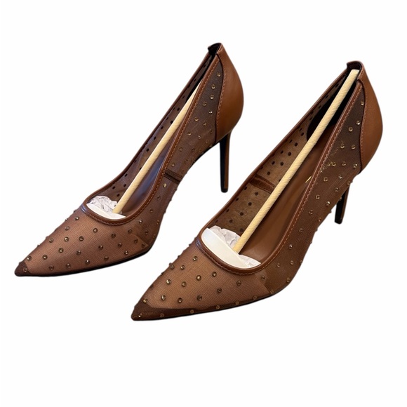 Anne Michelle Mesh Heels Size 10 Brown Studded Detail Pointed Toe Slip On NEW - Picture 2 of 12